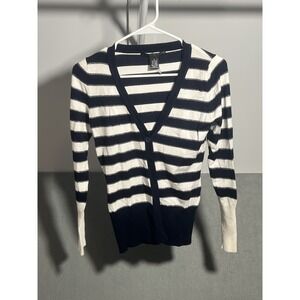 89th & Madison Women's Small S Striped Cardigan Sweater Navy White Lurex Knit